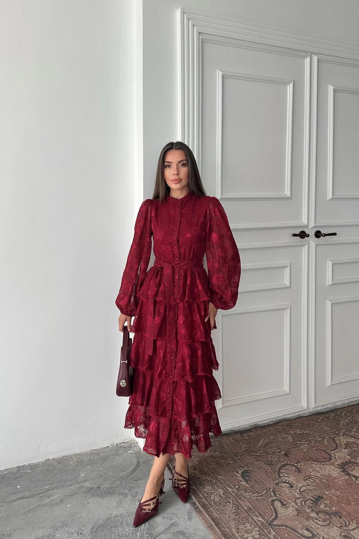 Burgundy Tiered Midi Dress - Boho Long Sleeve Ruffle Dress - Romantic Wine Red Chiffon Dress - Bohemian Wedding Guest Dress - görsel 4
