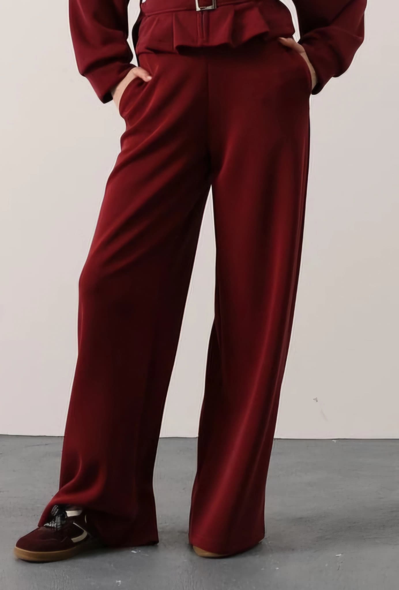 Burgundy Wide Leg Trousers | Jersey Knit Palazzo Pants | Flowing Drapey Winter Pant - görsel 2