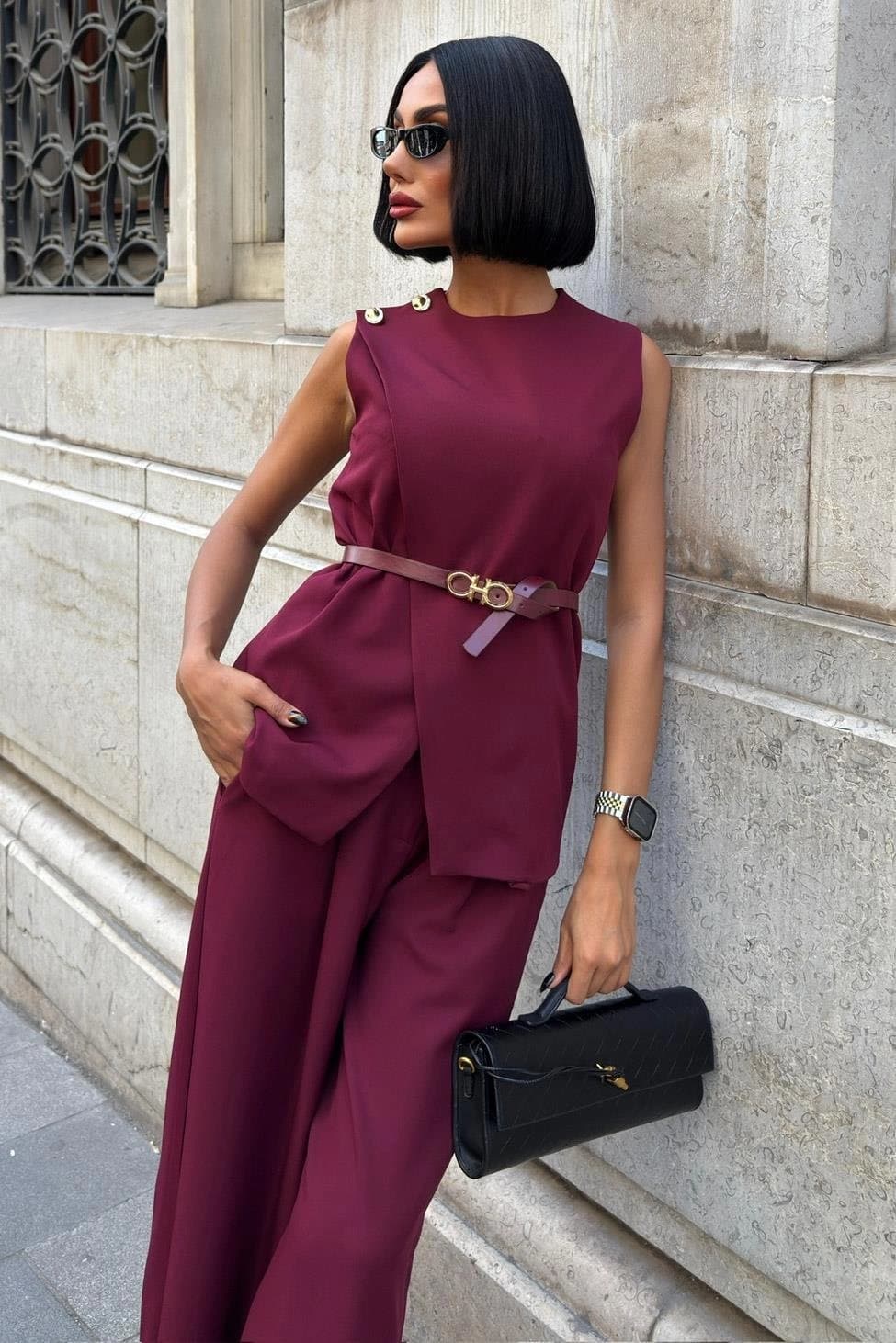 Burgundy Women's Sleeveless Belted Pantsuit - Elegant Wide Leg Two-Piece Workwear Set - görsel 4