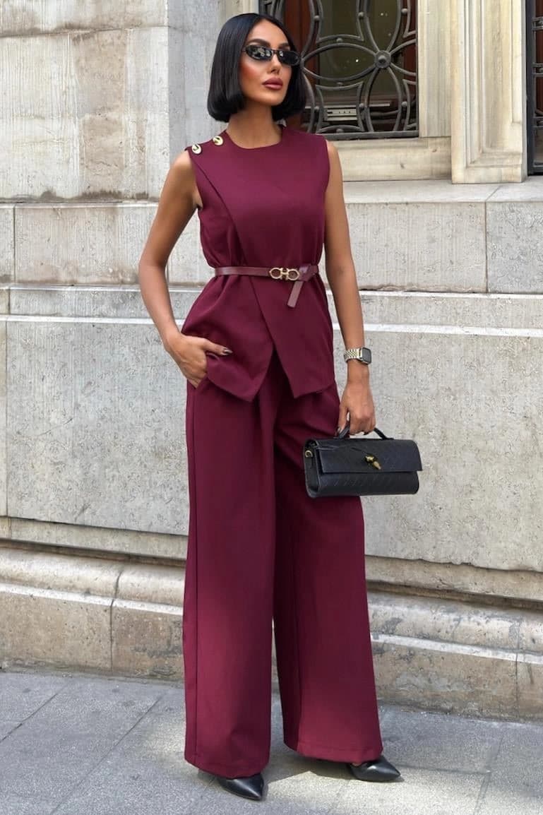 Burgundy Women's Sleeveless Belted Pantsuit - Elegant Wide Leg Two-Piece Workwear Set - ana görsel