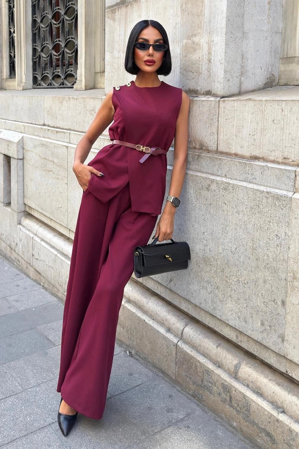 Burgundy Women's Sleeveless Belted Pantsuit - Elegant Wide Leg Two-Piece Workwear Set - görsel 8