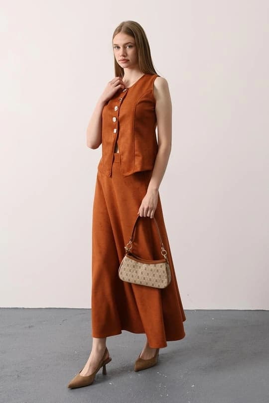 Burnt Orange Maxi Skirt | Tailored Faux Suede Skirt | Vintage 70s Chic - ana görsel