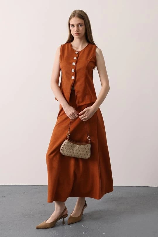Burnt Orange Maxi Skirt | Tailored Faux Suede Skirt | Vintage 70s Chic - görsel 2