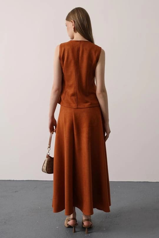 Burnt Orange Maxi Skirt | Tailored Faux Suede Skirt | Vintage 70s Chic - görsel 3