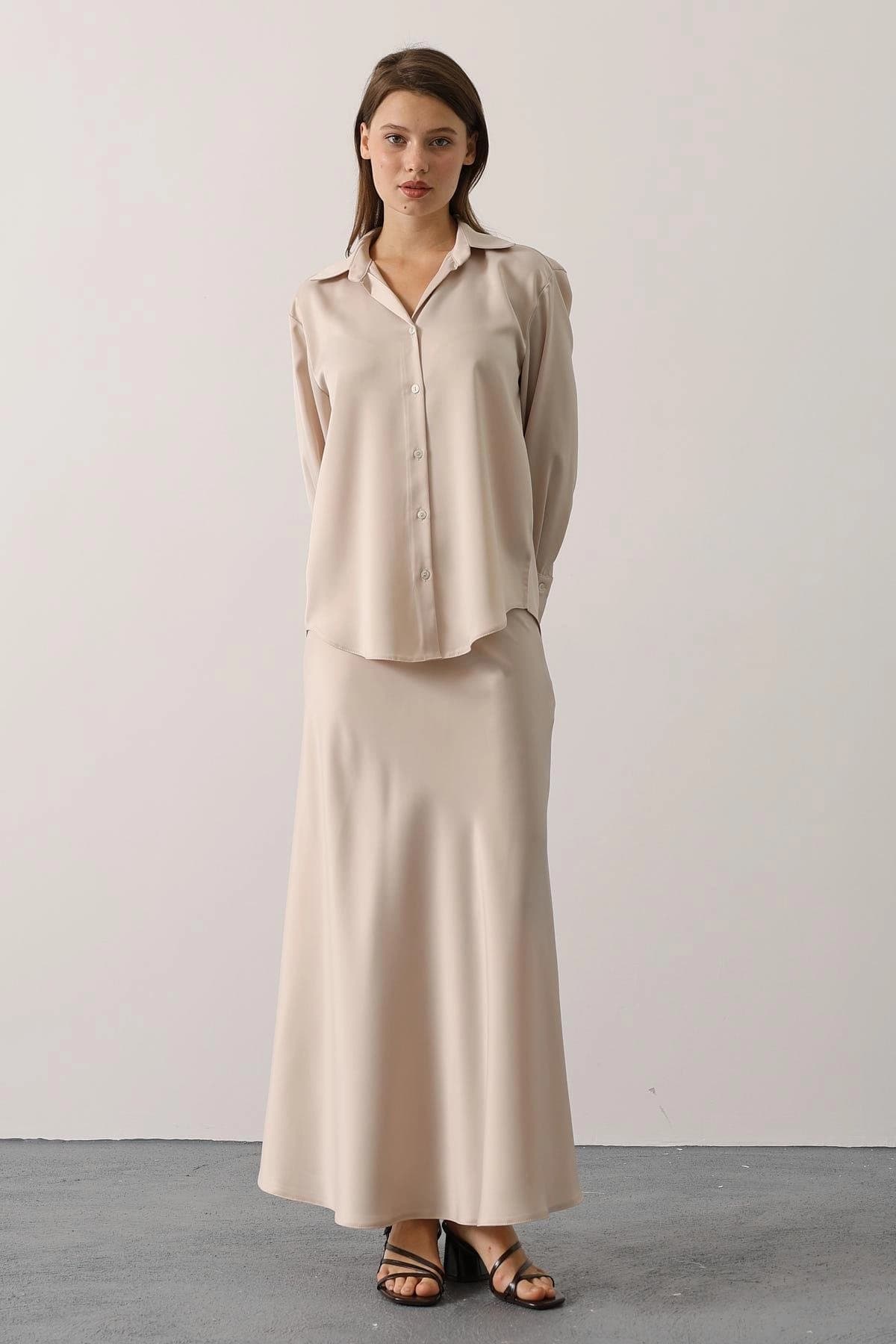 Champagne Silky Satin Maxi Skirt, Elegant Formal Long Skirt for Wedding Guest - görsel 2