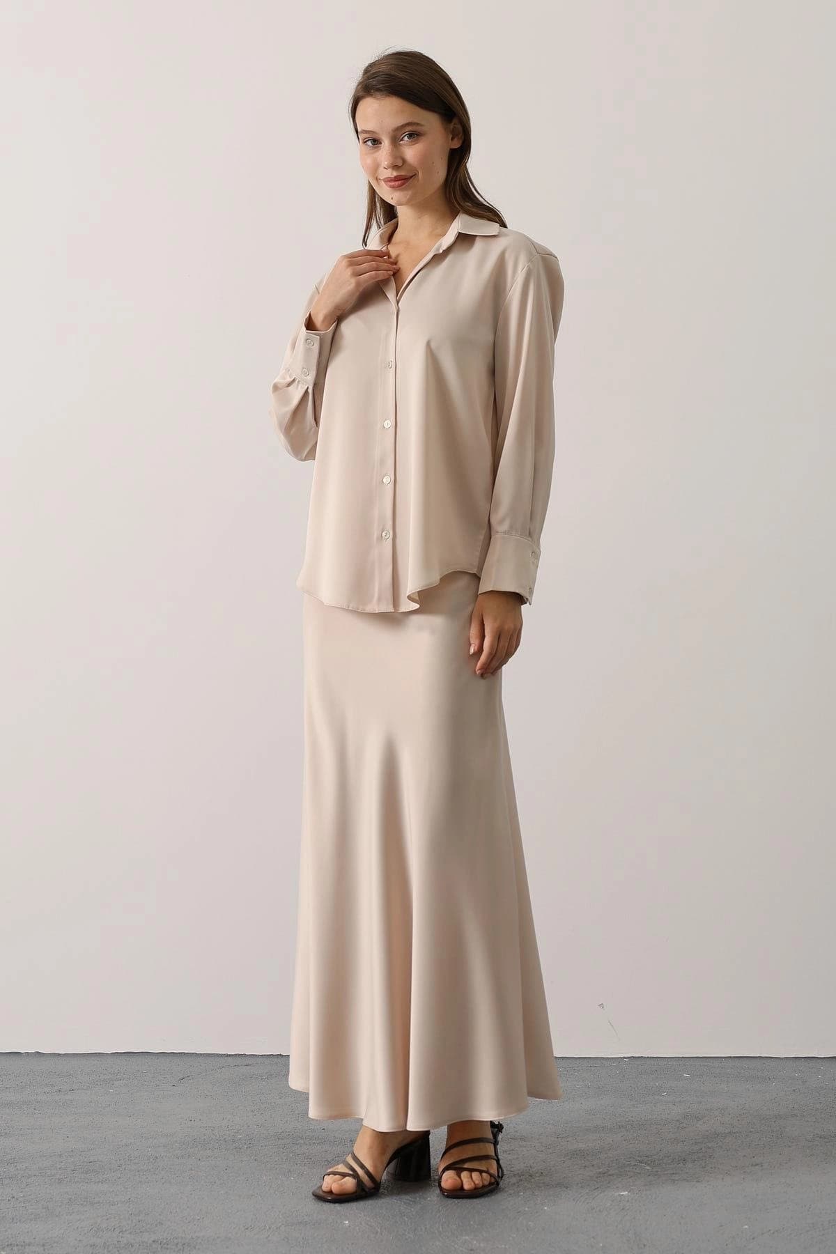 Champagne Silky Satin Maxi Skirt, Elegant Formal Long Skirt for Wedding Guest - görsel 3