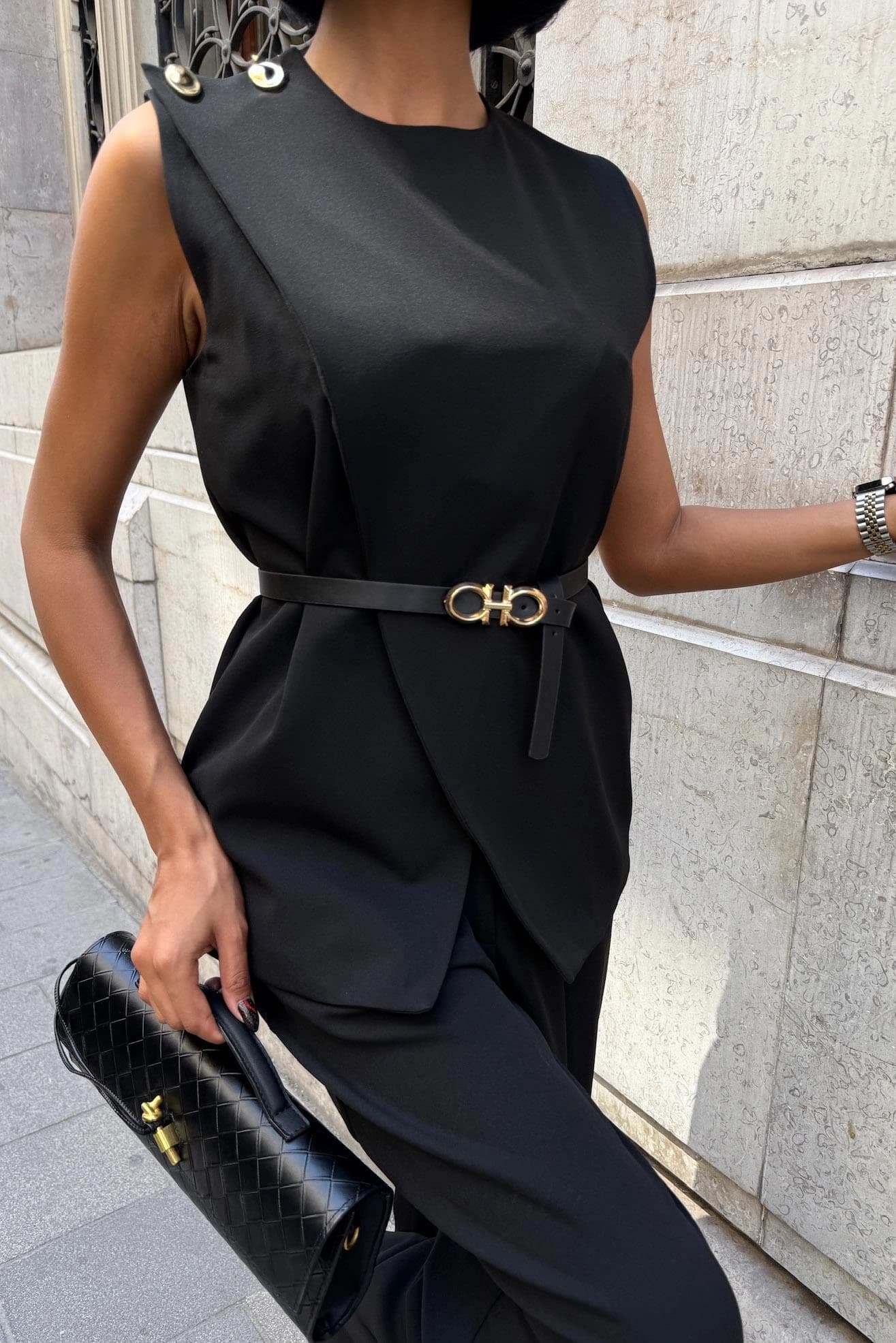 Chic Black Sleeveless Suit Set | Wide Leg Trouser & Vest Co-ord with Belt | Elegant Formal Wear - görsel 2