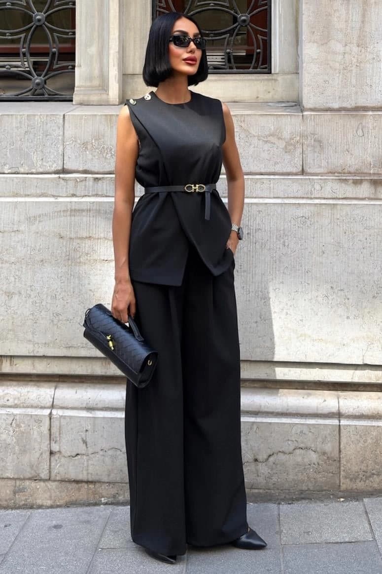 Chic Black Sleeveless Suit Set | Wide Leg Trouser & Vest Co-ord with Belt | Elegant Formal Wear - görsel 6