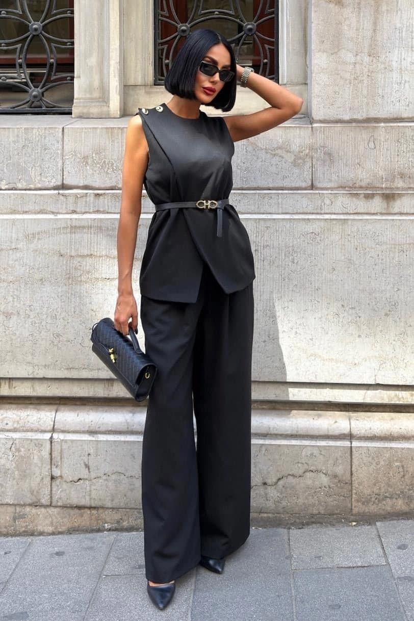 Chic Black Sleeveless Suit Set | Wide Leg Trouser & Vest Co-ord with Belt | Elegant Formal Wear - görsel 7