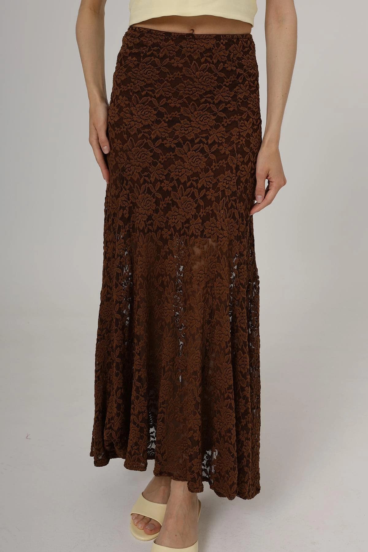 Chocolate Brown Lace Midi Skirt Feminine High Waist Design