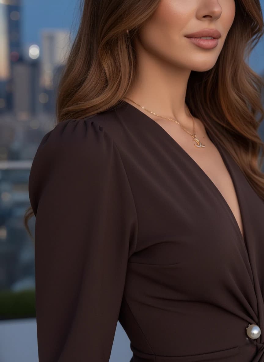 Refined dark cocoa vestment, featuring voluminous shoulders on extended sleeves, a deep wrap design, and a grand poli...