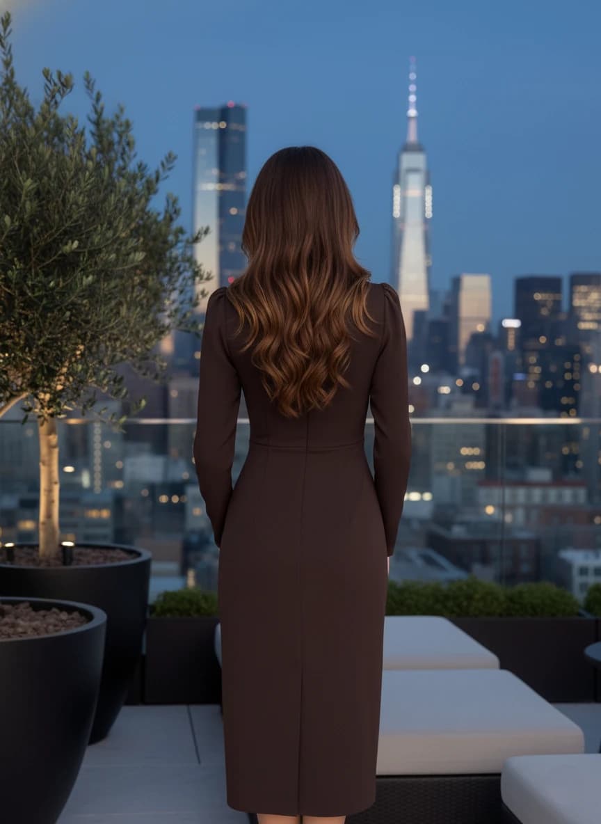 Woman's espresso midi garment, smooth textile, tailored back, and a hint of gathered bicep details.