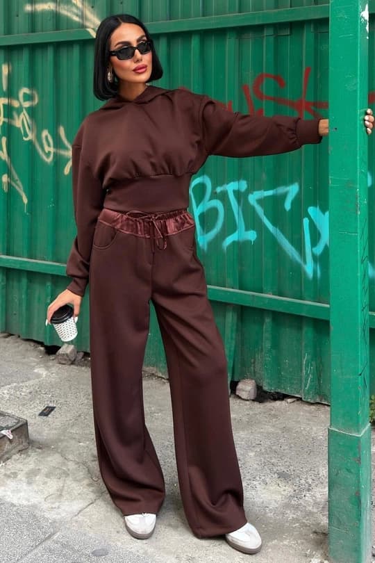 Chocolate Brown Satin Waistband Lounge Set – Oversized Hoodie & Wide Leg Pants Two Piece Set
