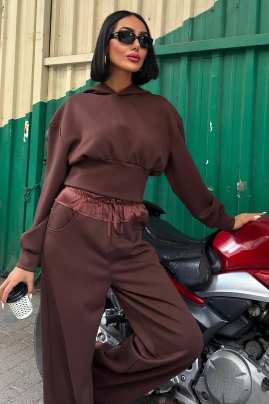 Chocolate Brown Satin Waistband Lounge Set – Oversized Hoodie & Wide Leg Pants Two Piece Set - görsel 1