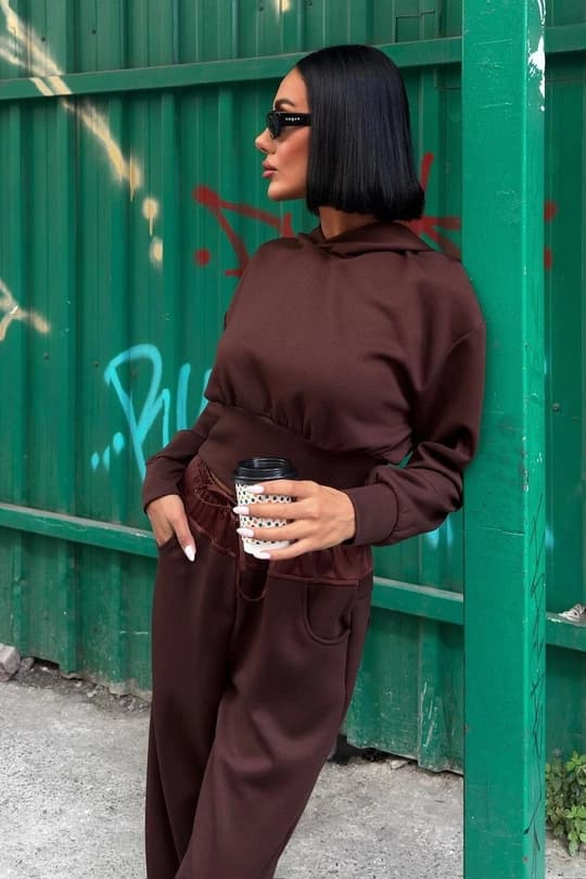 Chocolate Brown Satin Waistband Lounge Set – Oversized Hoodie & Wide Leg Pants Two Piece Set - görsel 2