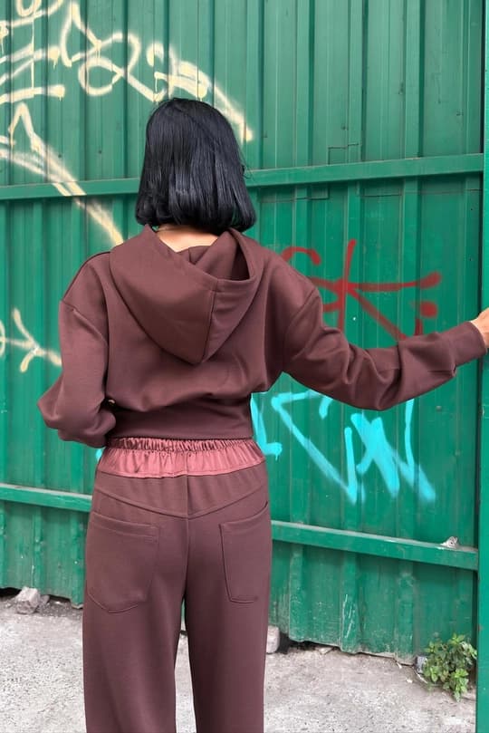 Chocolate Brown Satin Waistband Lounge Set – Oversized Hoodie & Wide Leg Pants Two Piece Set - görsel 3