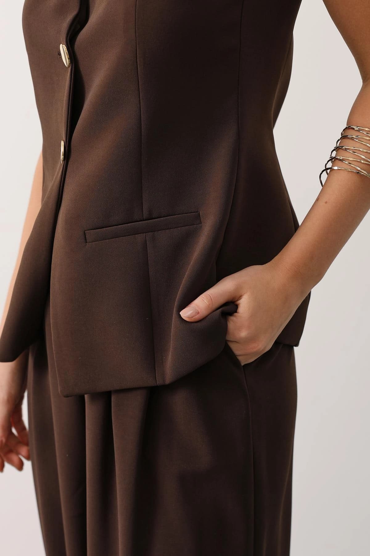 Chocolate Brown Suit, Tailored Vest & Wide Leg Pants Set, Quiet Luxury Office Outfit - görsel 2