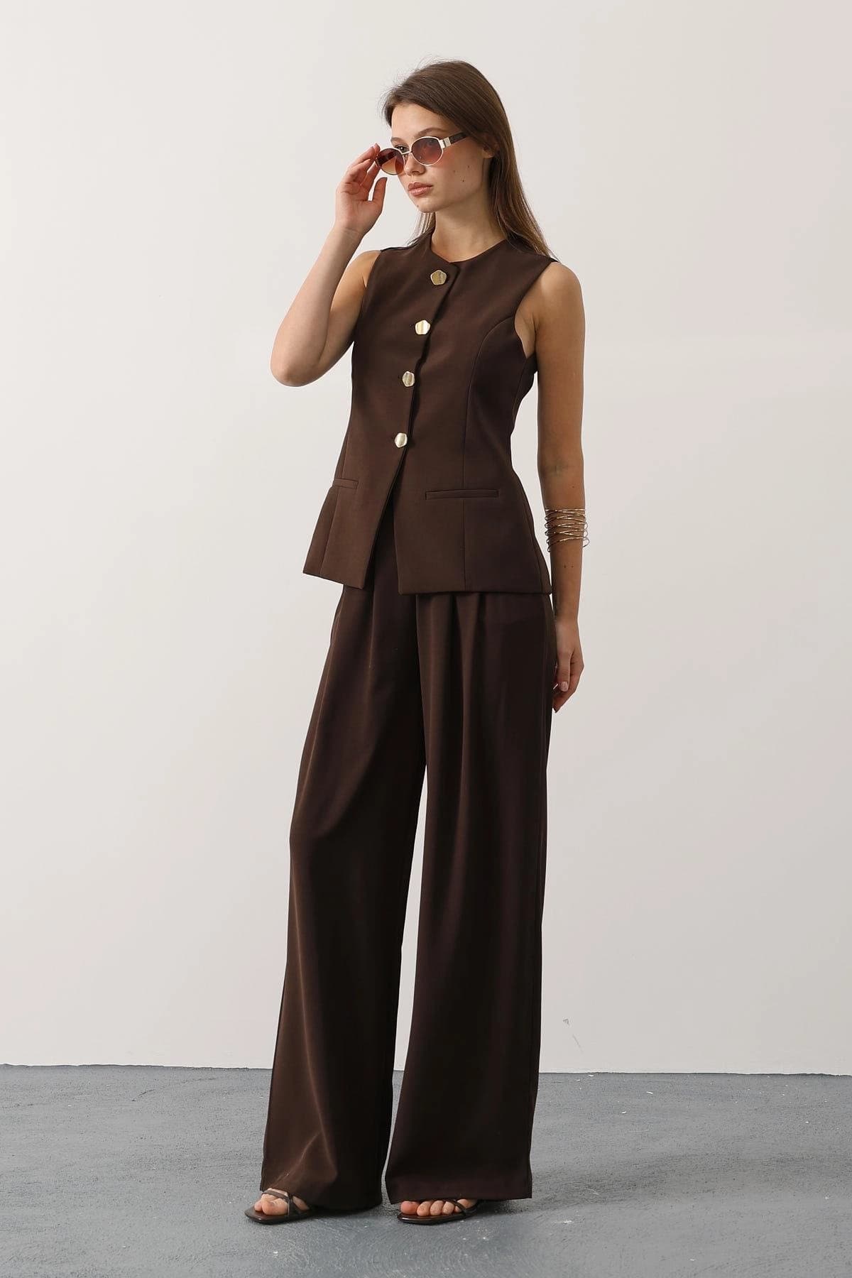 Chocolate Brown Suit, Tailored Vest & Wide Leg Pants Set, Quiet Luxury Office Outfit - görsel 4