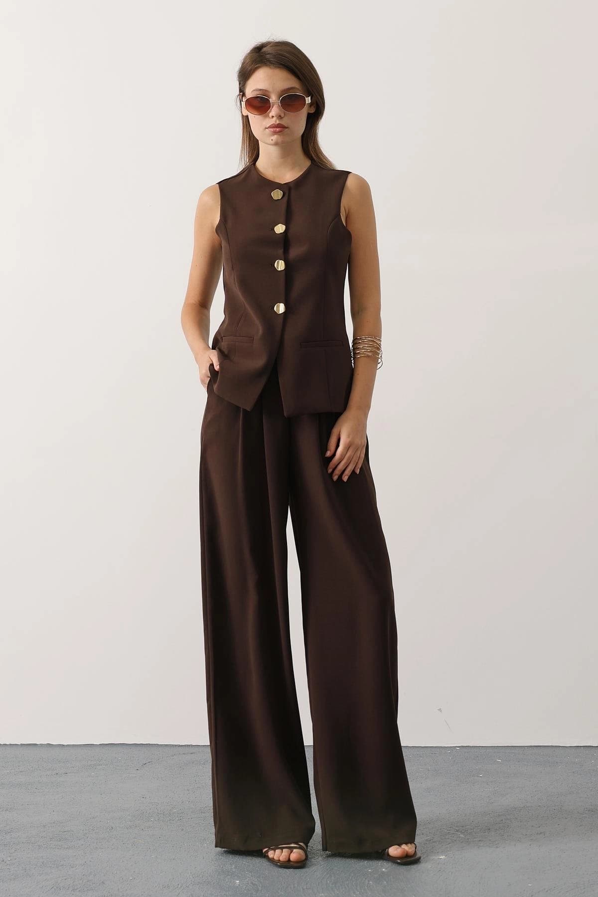 Chocolate Brown Suit, Tailored Vest & Wide Leg Pants Set, Quiet Luxury Office Outfit - ana görsel