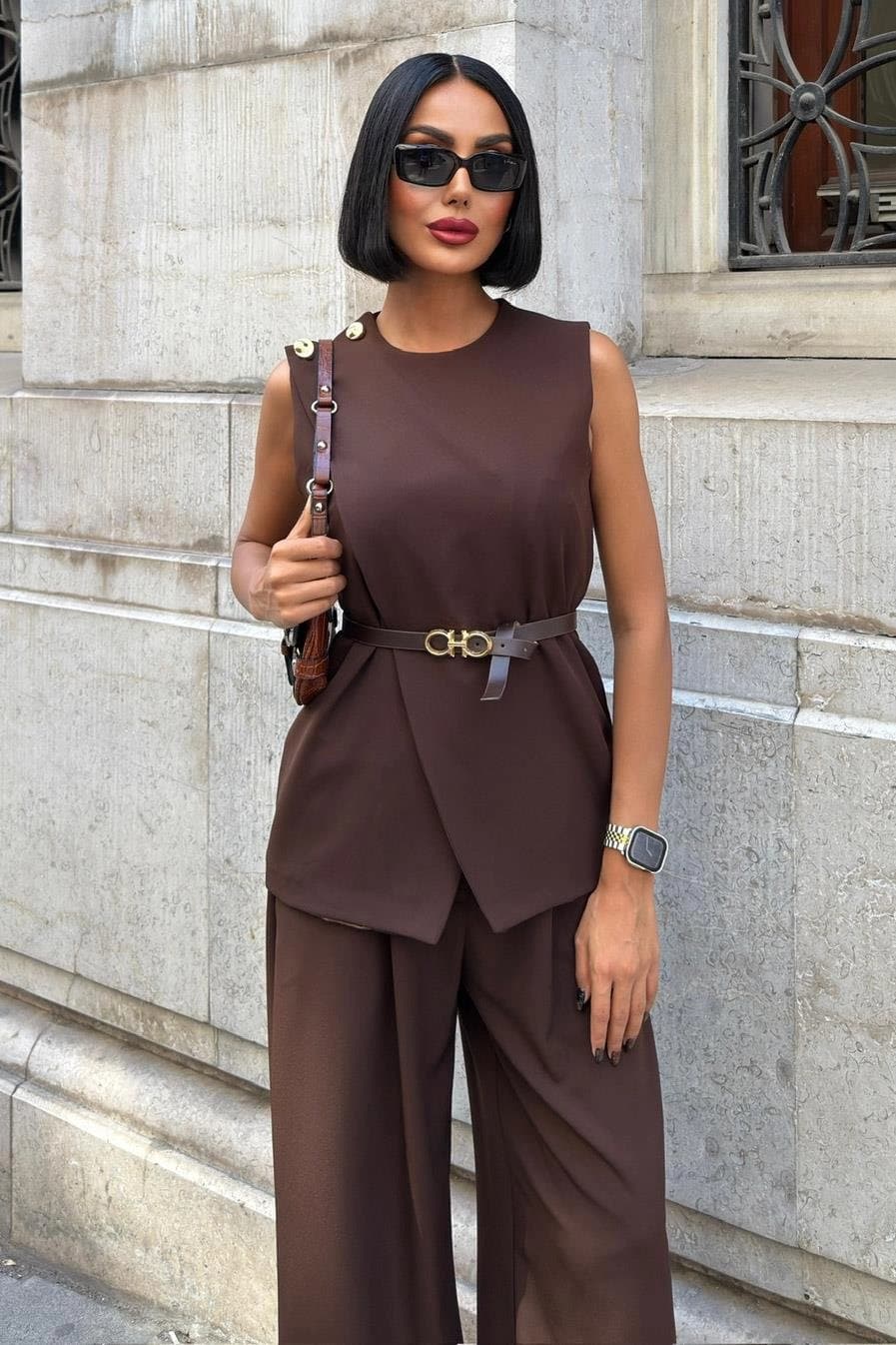 Chocolate Brown Two Piece Set | Sleeveless Vest & Wide Leg Pants Suit | Minimalist Co-ord for Office & Events | Quiet Luxury Style - görsel 4