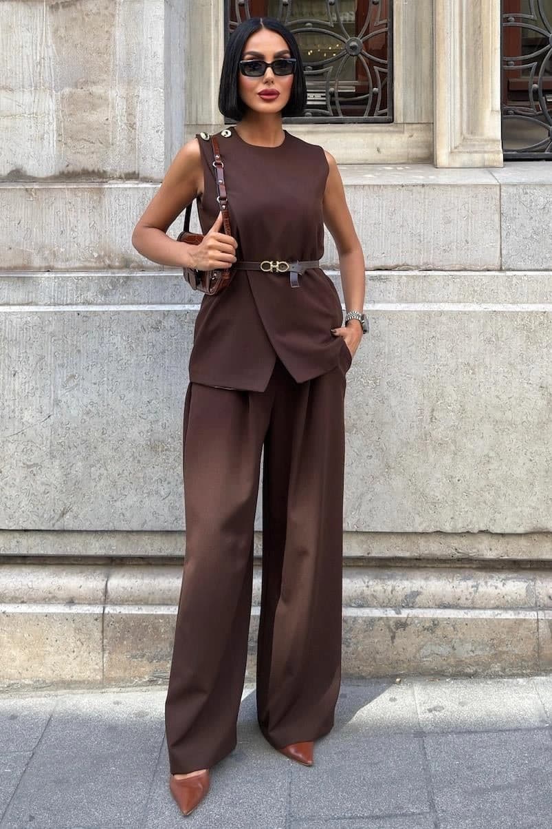 Chocolate Brown Two Piece Set | Sleeveless Vest & Wide Leg Pants Suit | Minimalist Co-ord for Office & Events | Quiet Luxury Style - görsel 7