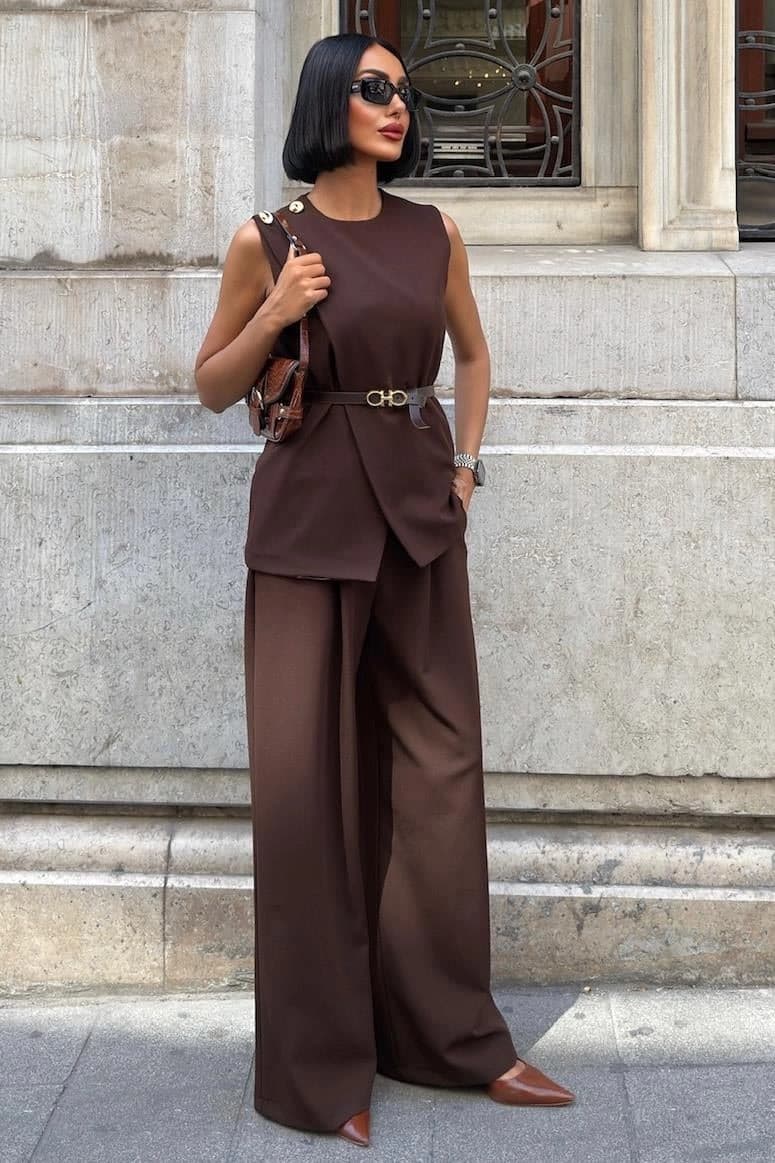 Chocolate Brown Two Piece Set | Sleeveless Vest & Wide Leg Pants Suit | Minimalist Co-ord for Office & Events | Quiet Luxury Style - görsel 8