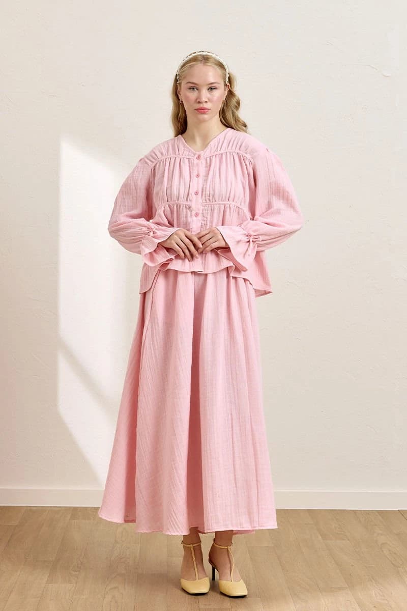 Cottagecore Muslin Outfit - Button-Front Blouse & High-Waist Balloon Skirt