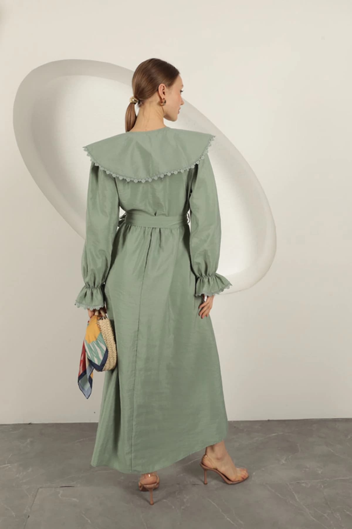 Cottagecore Sage Green Maxi Dress Peter Pan Collar Long Sleeve Prairie Gown detailed view 7