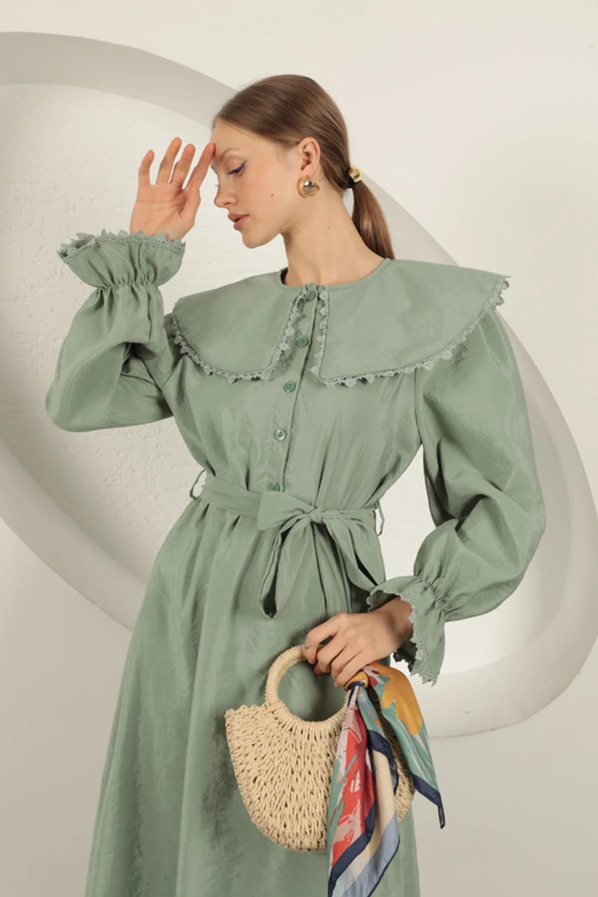 Cottagecore Sage Green Maxi Dress Peter Pan Collar Long Sleeve Prairie Gown