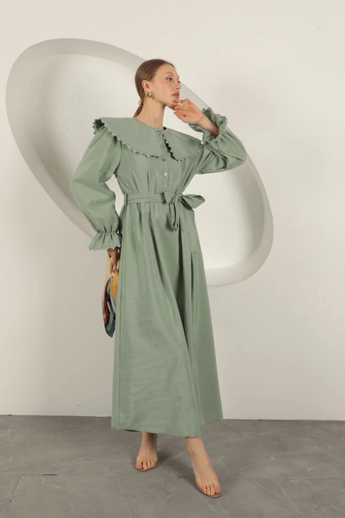 Cottagecore Sage Green Maxi Dress Peter Pan Collar Long Sleeve Prairie Gown detailed view 6