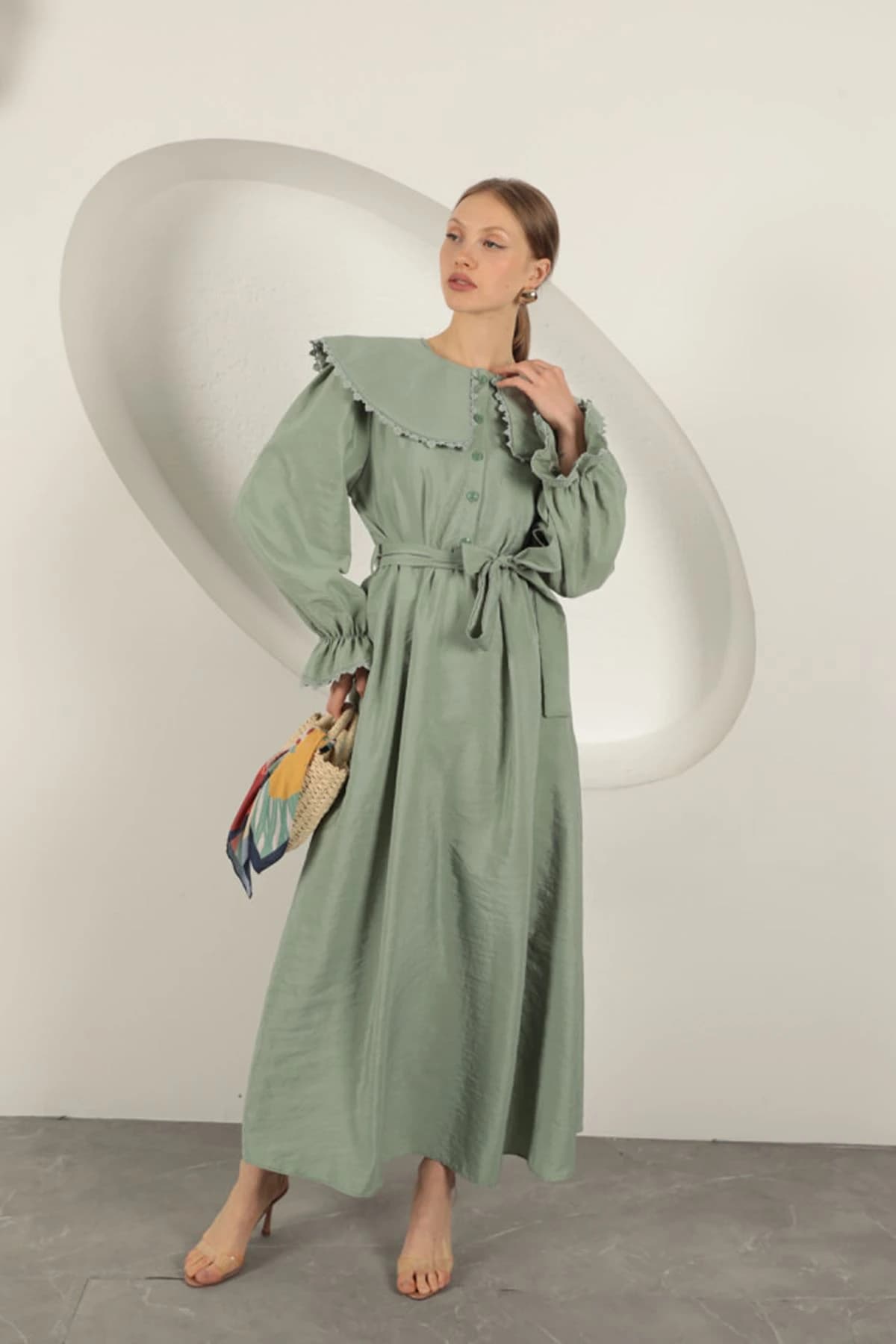 Cottagecore Sage Green Maxi Dress Peter Pan Collar Long Sleeve Prairie Gown detailed view 4
