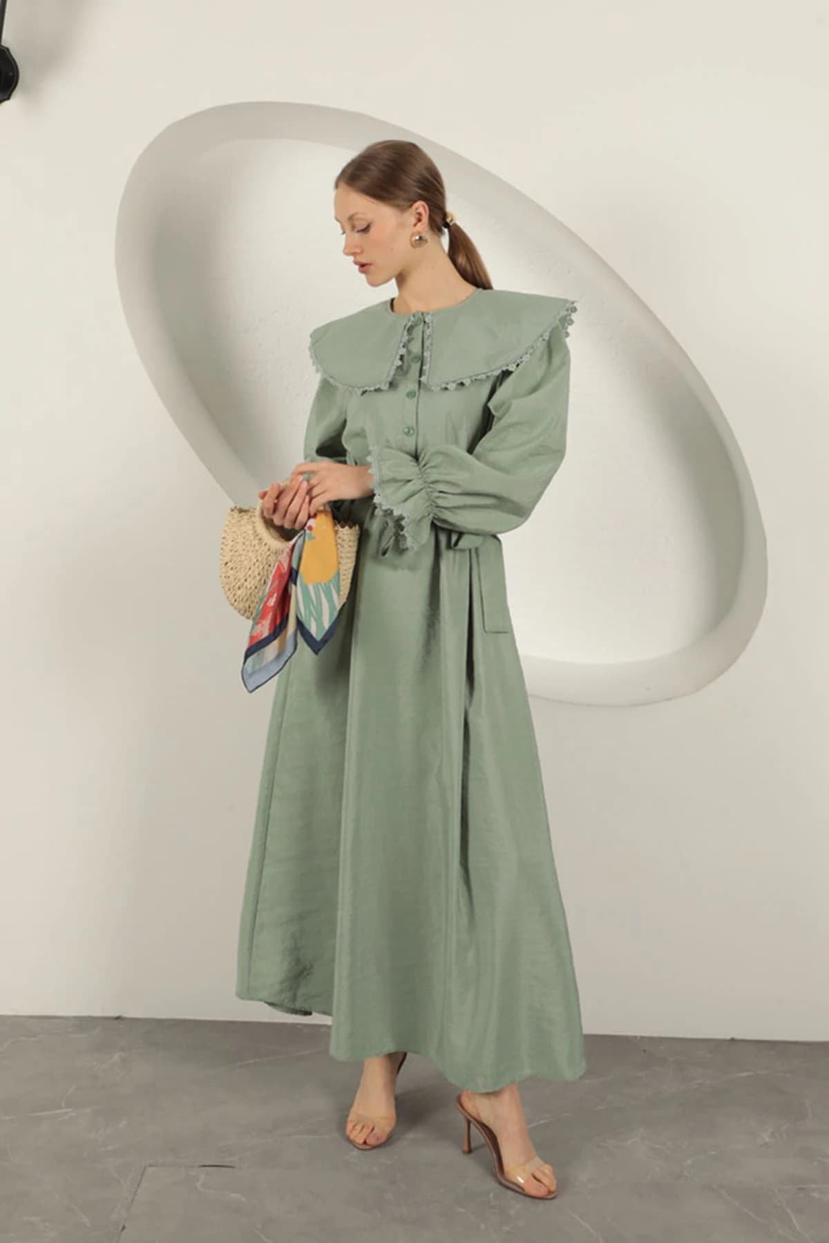 Cottagecore Sage Green Maxi Dress Peter Pan Collar Long Sleeve Prairie Gown detailed view 3