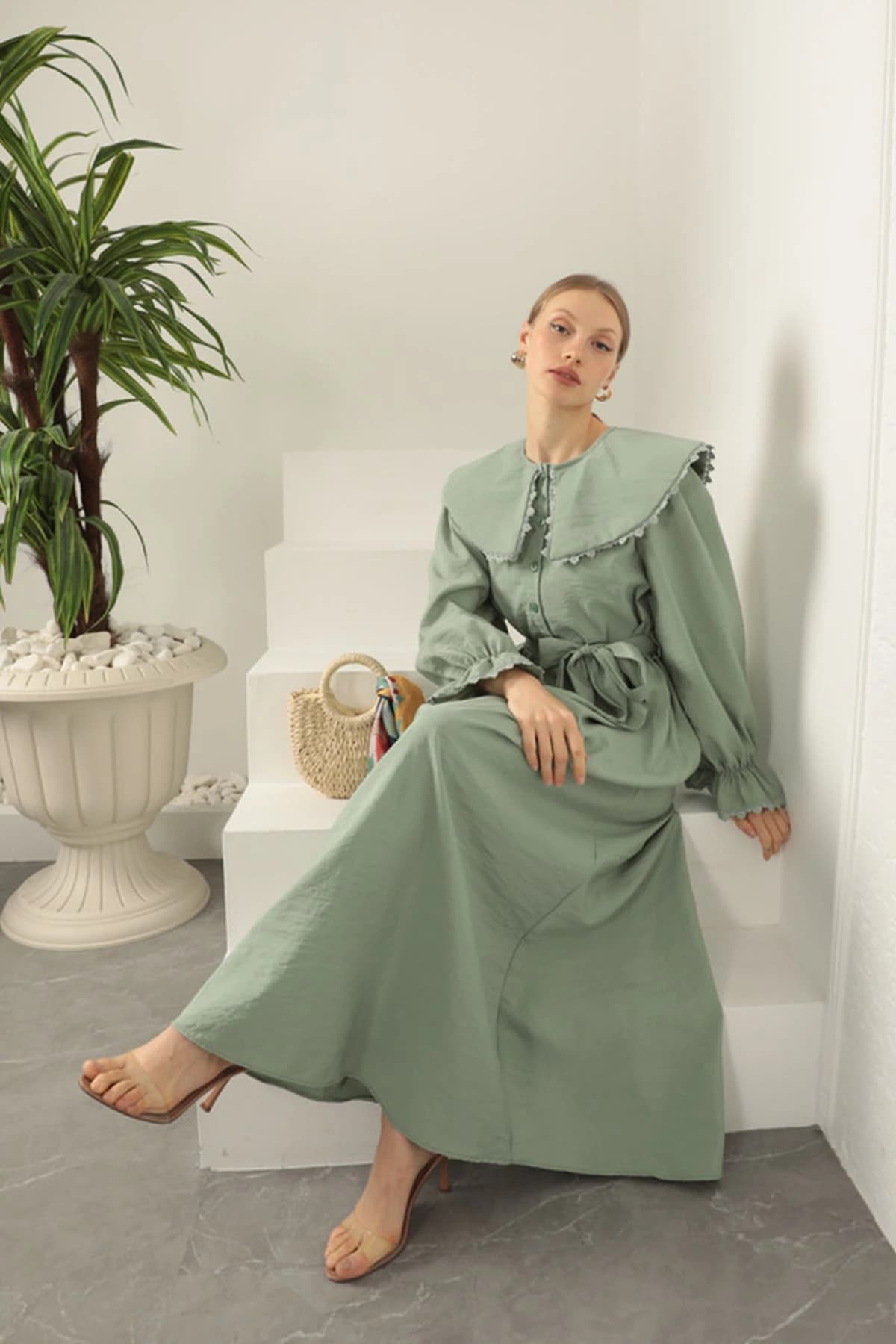Cottagecore Sage Green Maxi Dress Peter Pan Collar Long Sleeve Prairie Gown detailed view 2