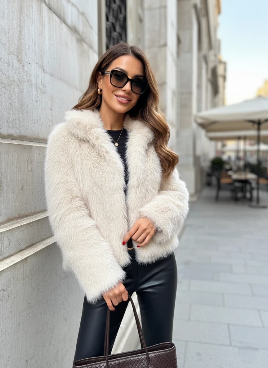 Light bone plush wrap, waist-level. Fine, dense textile. Upscale statement piece for refined occasions.