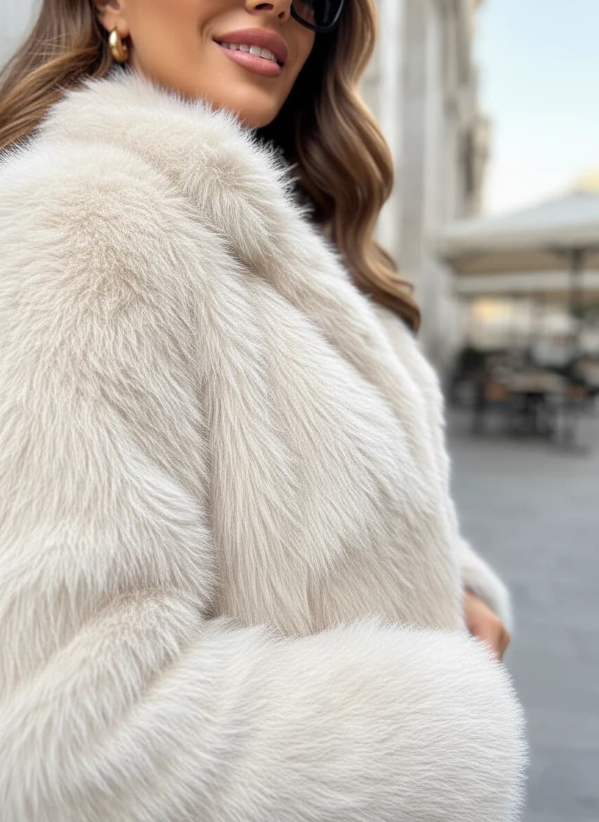 Ivory faux fur bolero, shaggy texture. Fashionable outerwear for cool days. Model smiling, gold hoop earring.