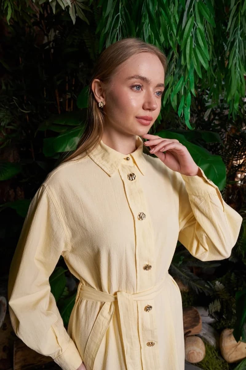 Cream Linen Shirt Dress Women Long Sleeve Button Front Midi Dress with Belt Casual Summer Dress - görsel 3