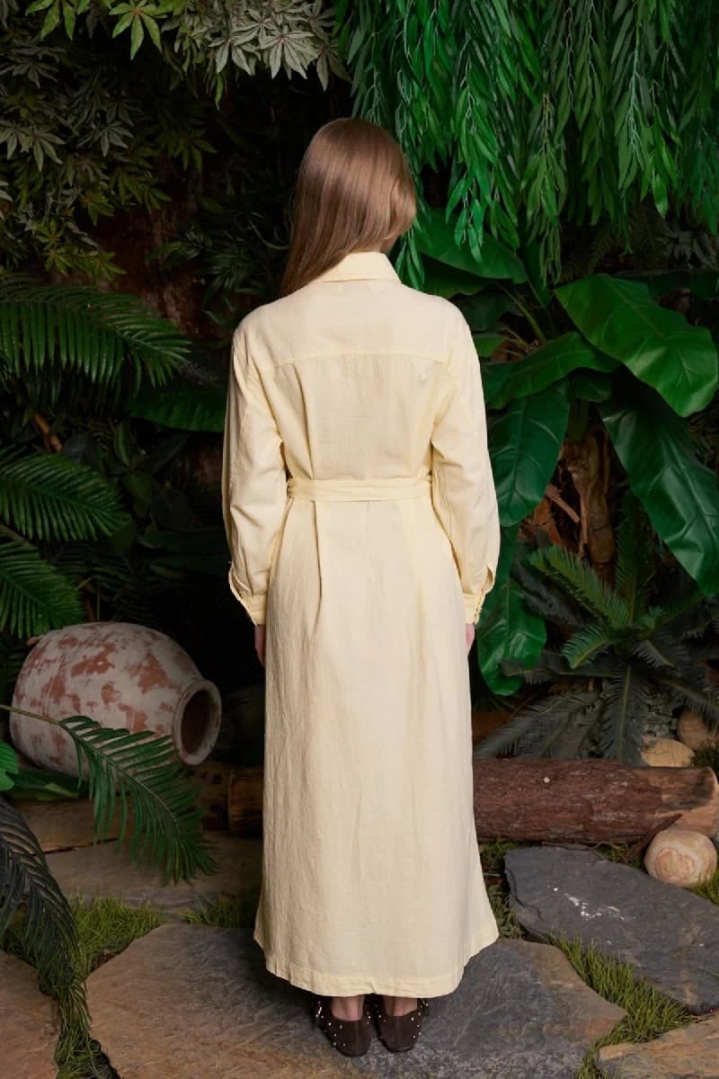 Cream Linen Shirt Dress Women Long Sleeve Button Front Midi Dress with Belt Casual Summer Dress - görsel 4