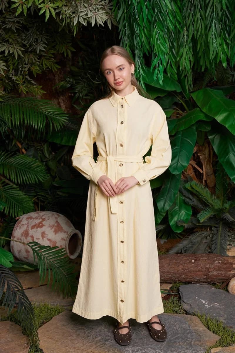 Cream Linen Shirt Dress Women Long Sleeve Button Front Midi Dress with Belt Casual Summer Dress - ana görsel