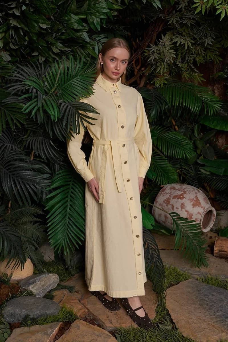 Cream Linen Shirt Dress Women Long Sleeve Button Front Midi Dress with Belt Casual Summer Dress - görsel 5