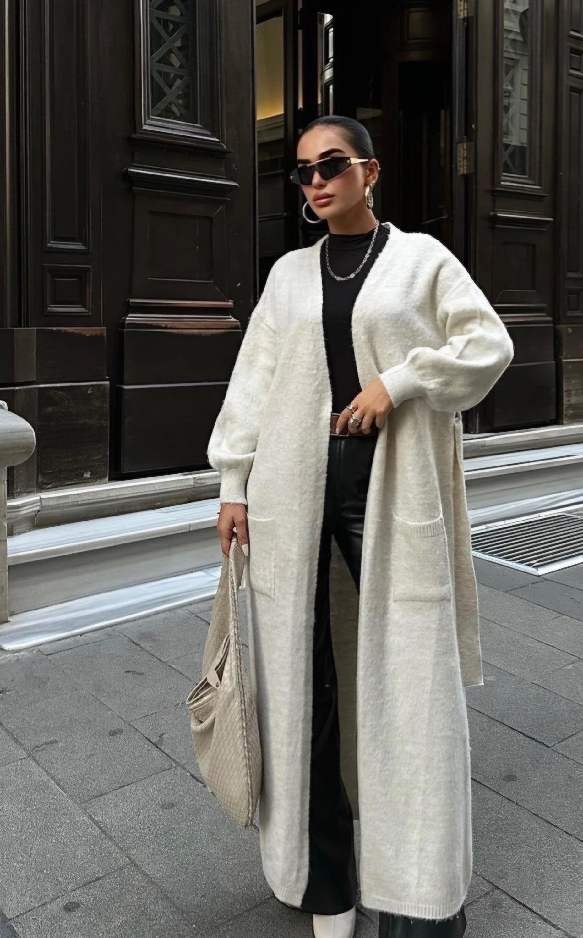 Cream Merino-Feel Maxi Knit Duster | Longline Open-Front Cardigan Coat for Women - görsel 3