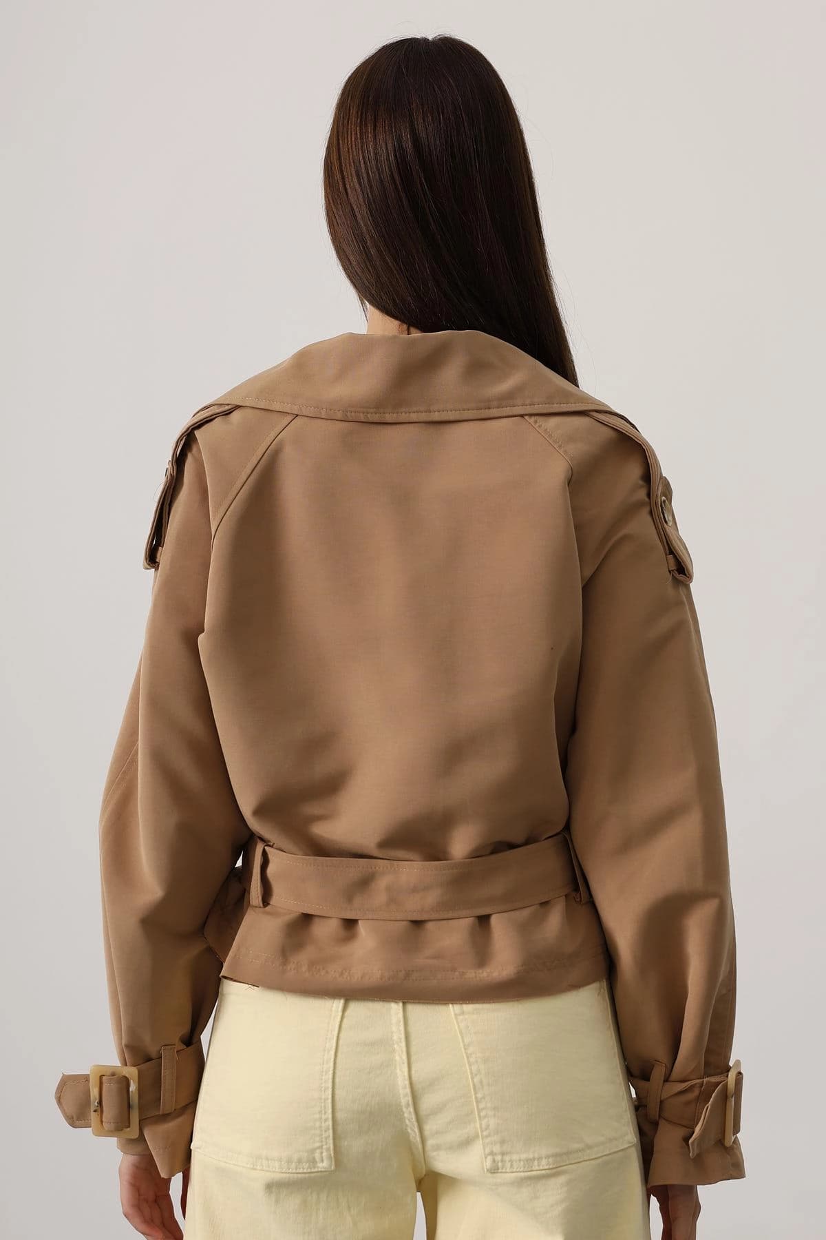 Cropped Belted Trench Coat Camel Short Double Breasted Women's Jacket - görsel 5