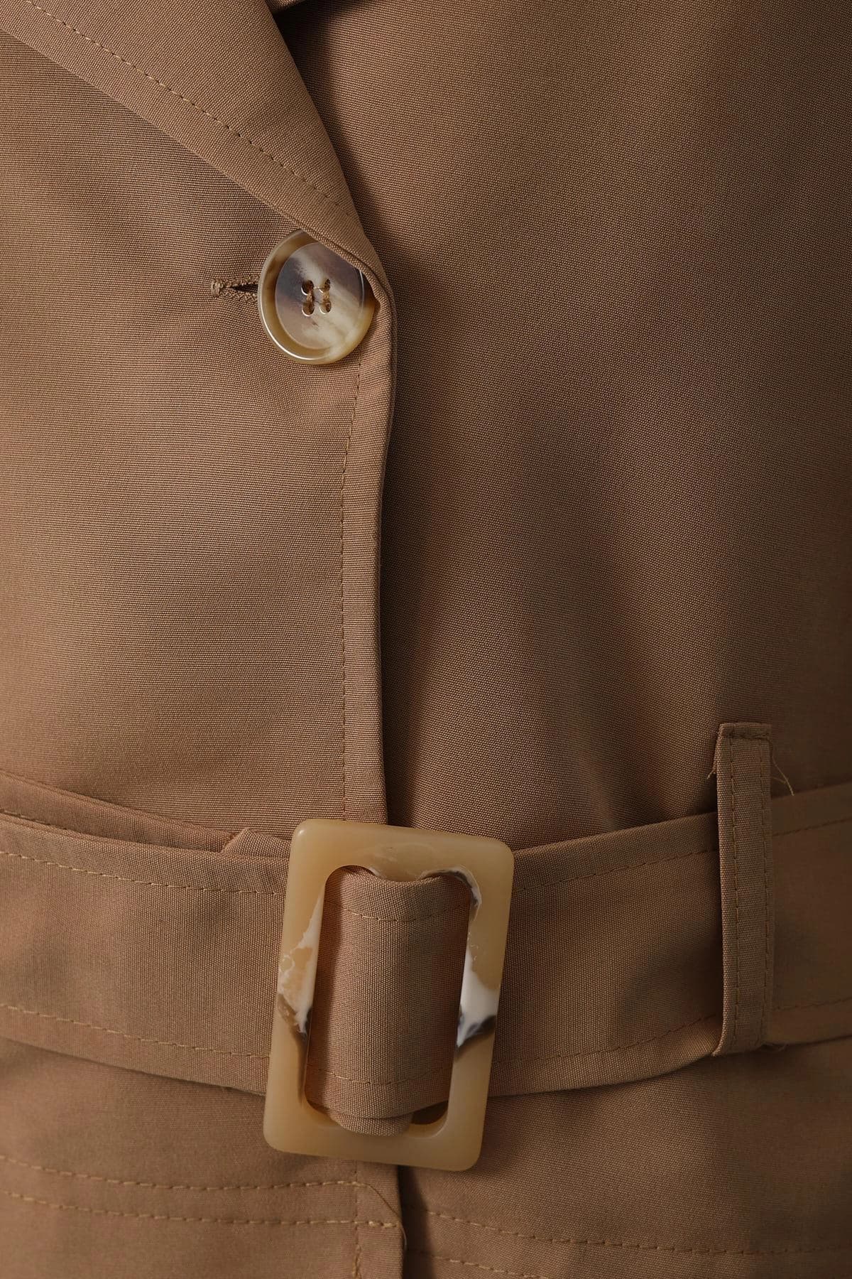 Cropped Belted Trench Coat Camel Short Double Breasted Women's Jacket - görsel 2