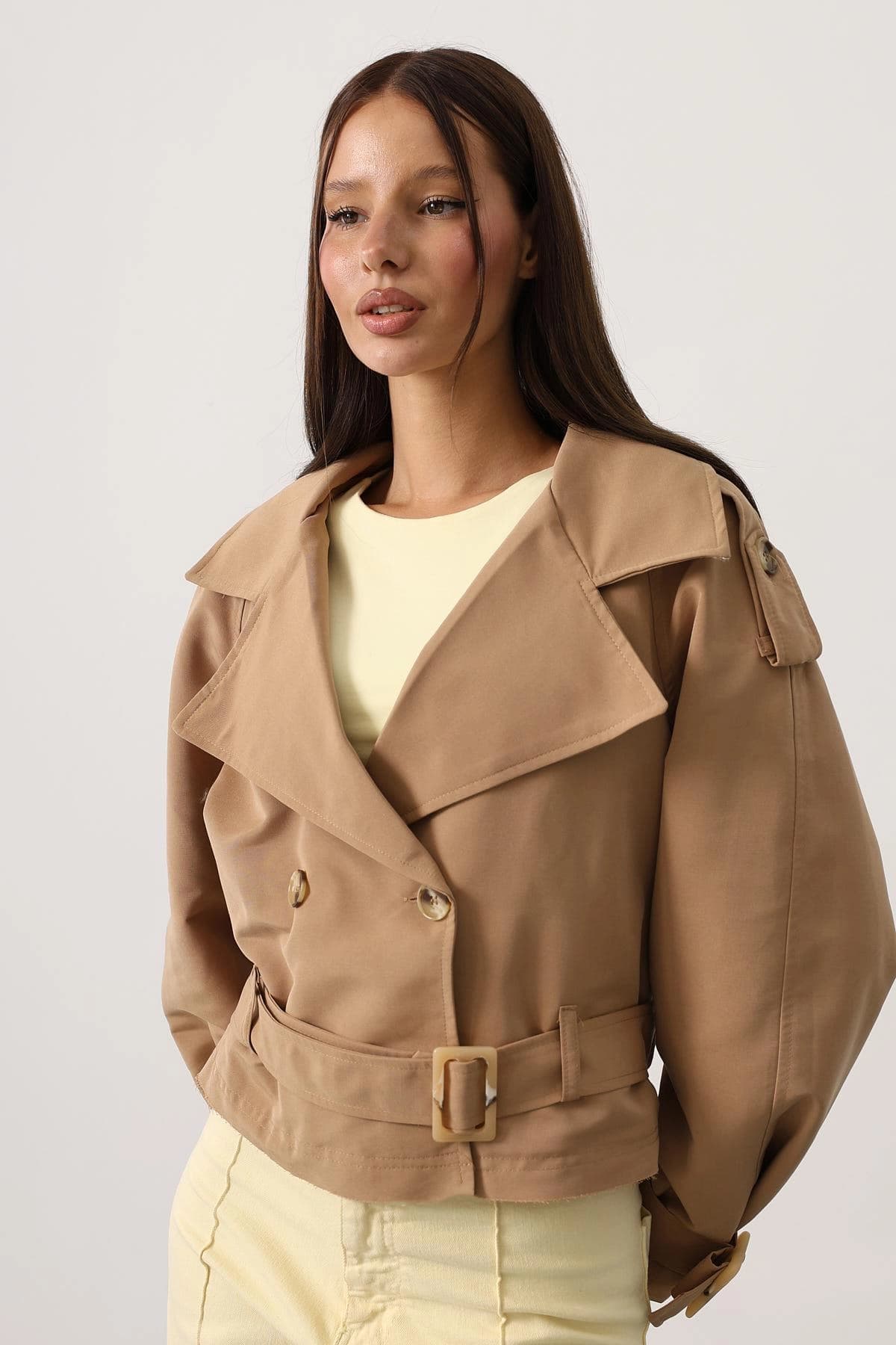 Cropped Belted Trench Coat Camel Short Double Breasted Women's Jacket - görsel 4