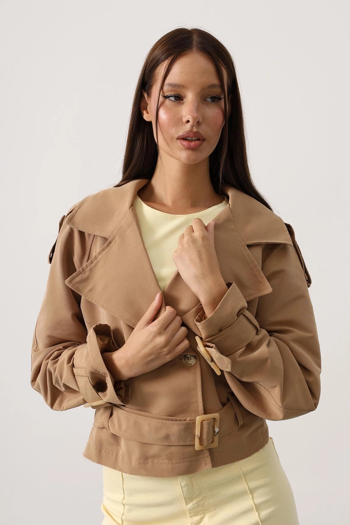 Cropped Belted Trench Coat Camel Short Double Breasted Women's Jacket - ana görsel