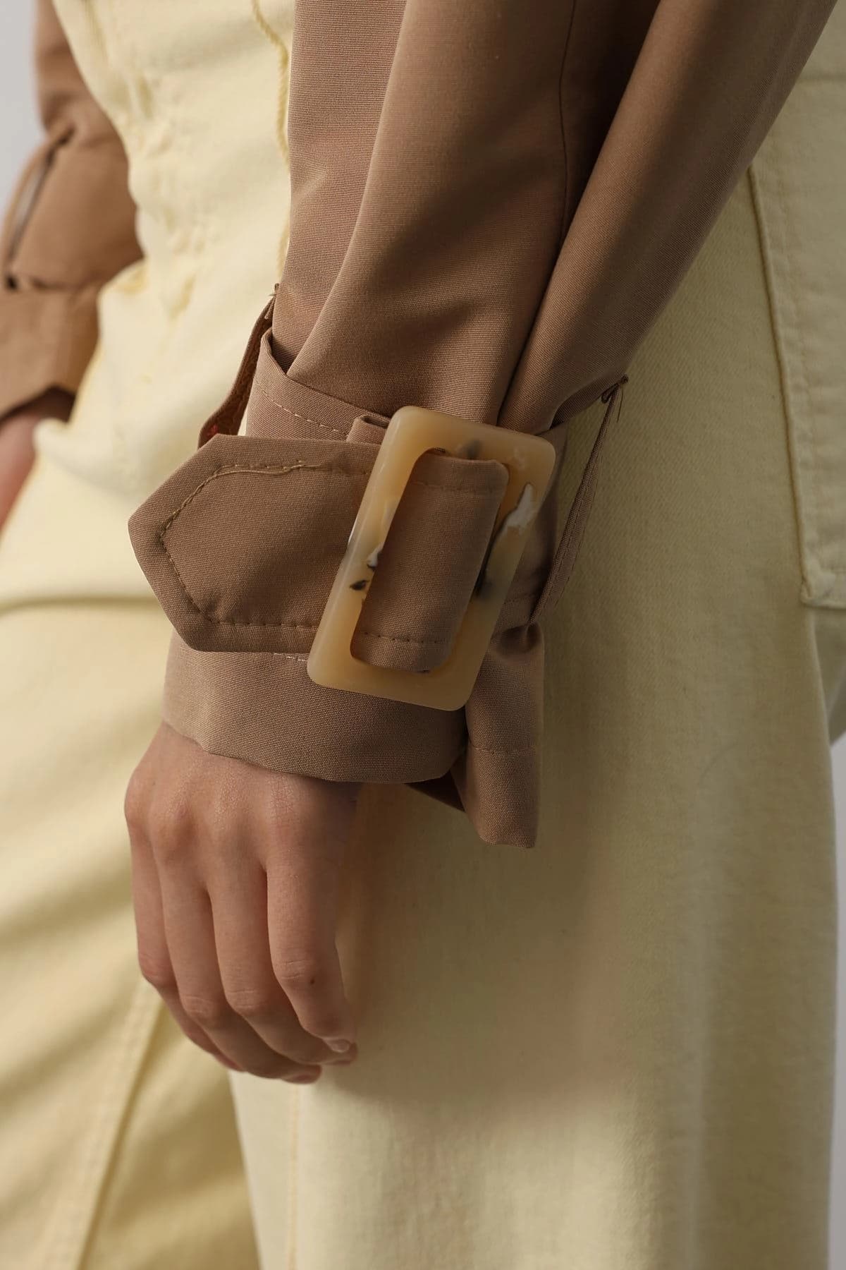 Cropped Belted Trench Coat Camel Short Double Breasted Women's Jacket - görsel 1