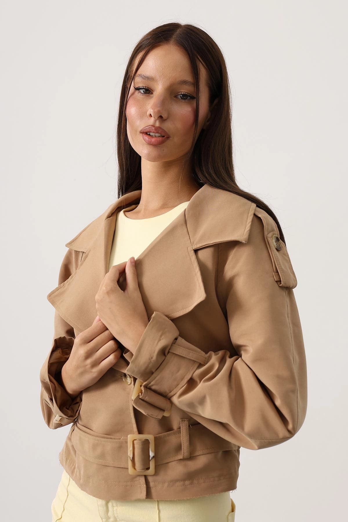 Cropped Belted Trench Coat Camel Short Double Breasted Women's Jacket - görsel 6