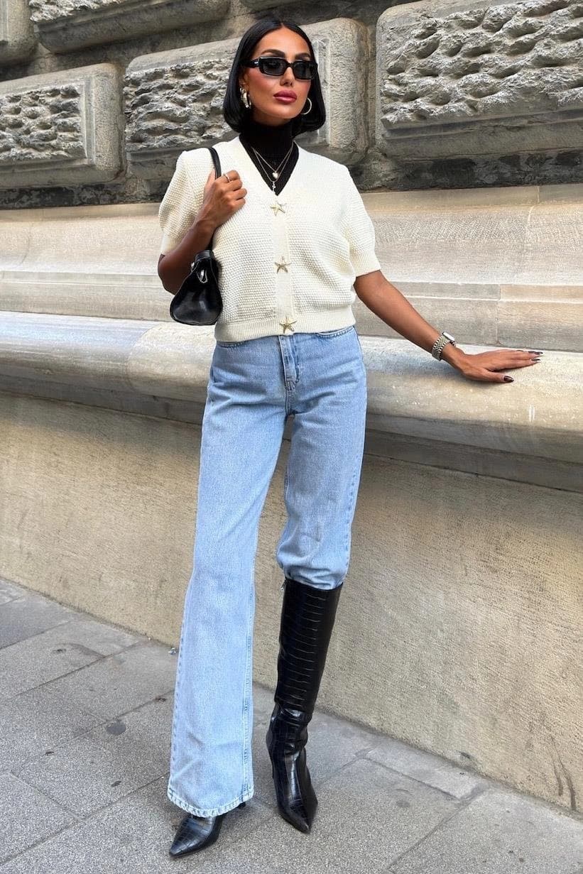 Cropped Cream Knit Cardigan with Gold Star Buttons – Short Sleeve Textured Layering Top, Stylish Summer Shrug - görsel 3
