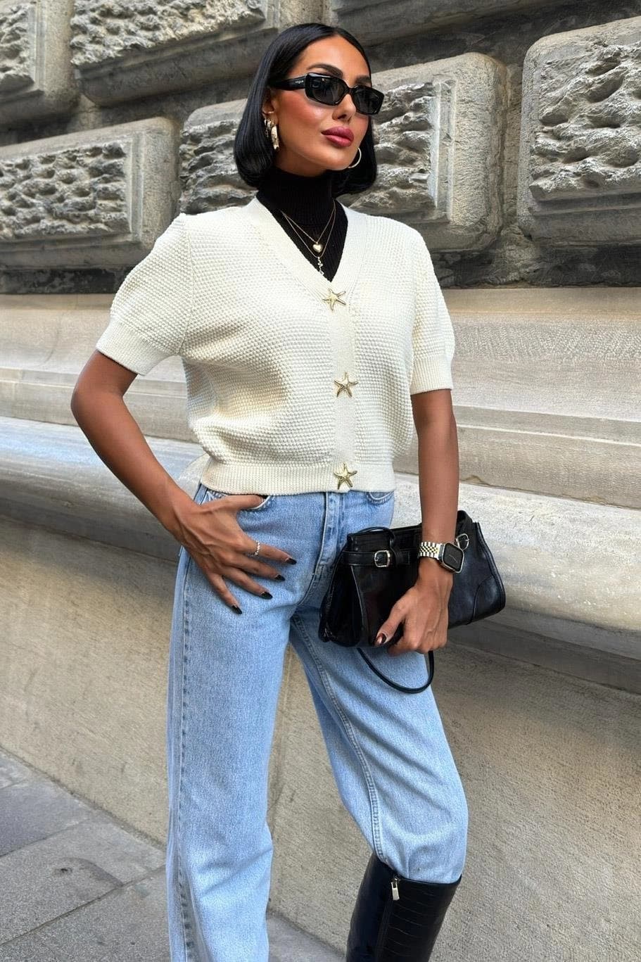 Cropped Cream Knit Cardigan with Gold Star Buttons – Short Sleeve Textured Layering Top, Stylish Summer Shrug
