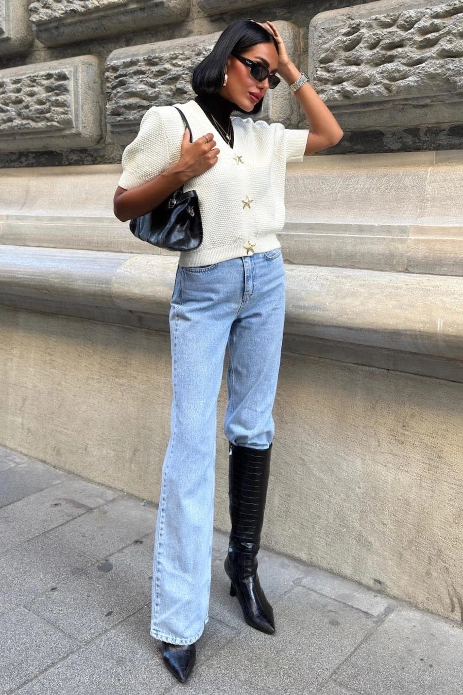 Cropped Cream Knit Cardigan with Gold Star Buttons – Short Sleeve Textured Layering Top, Stylish Summer Shrug - görsel 6