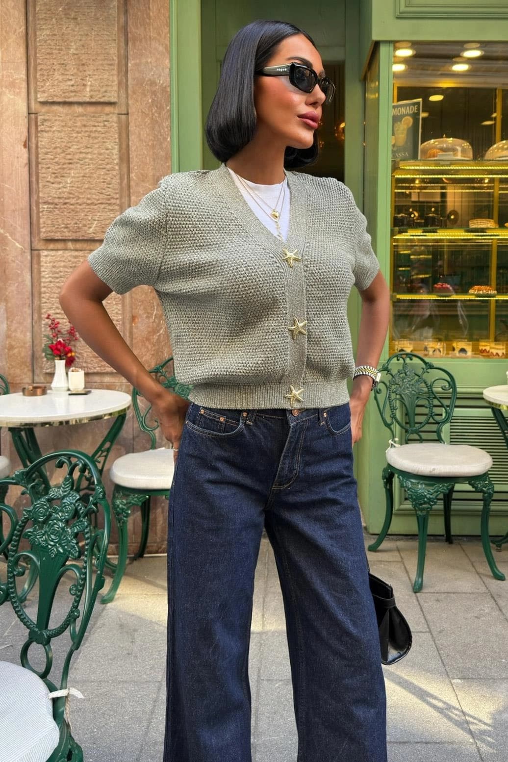 Cropped Pastel Yellow Knit Cardigan with Star Buttons & White Lace Tiered Mini Skirt – Romantic Summer Two-Piece Set - görsel 1